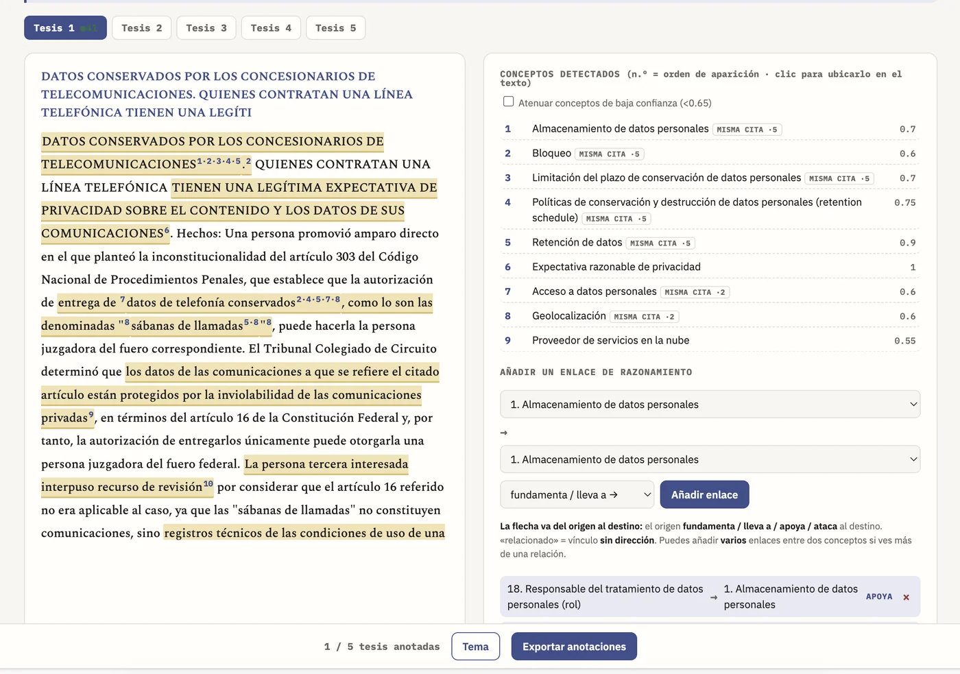 Herramienta de anotación: conceptos jurídicos resaltados en la sentencia (izquierda), vínculos trazados por el experto (derecha)